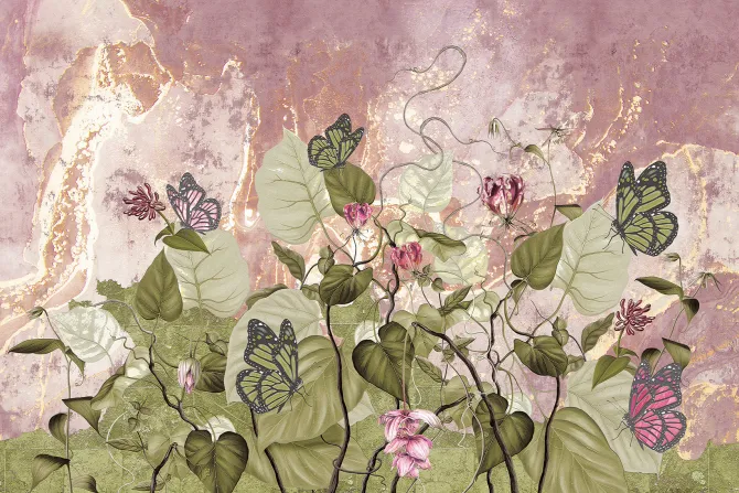 Fototapeta: Kwiaty liście i motyle na tle betonu wzór inspirowany naturą