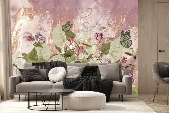 Fototapeta: Kwiaty liście i motyle na tle betonu wzór inspirowany naturą