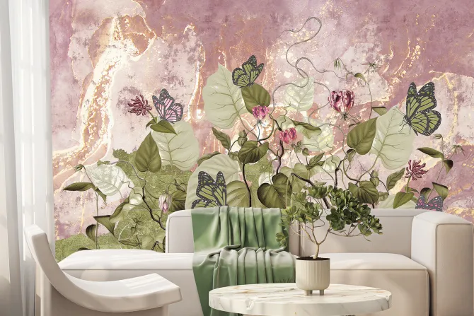 Fototapeta: Kwiaty liście i motyle na tle betonu wzór inspirowany naturą