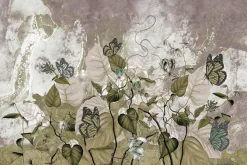 Fototapeta: Kwiaty liście i motyle na tle betonu wzór inspirowany naturą