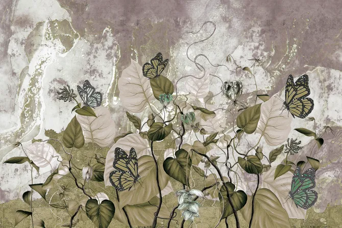 Fototapeta: Kwiaty liście i motyle na tle betonu wzór inspirowany naturą