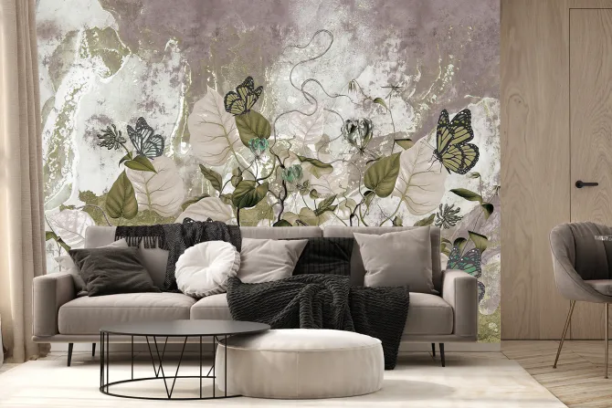 Fototapeta: Kwiaty liście i motyle na tle betonu wzór inspirowany naturą