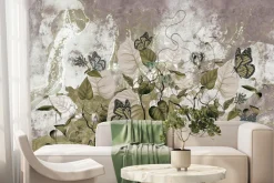 Fototapeta: Kwiaty liście i motyle na tle betonu wzór inspirowany naturą