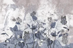 Fototapeta: Kwiaty liście i motyle na tle betonu wzór inspirowany naturą