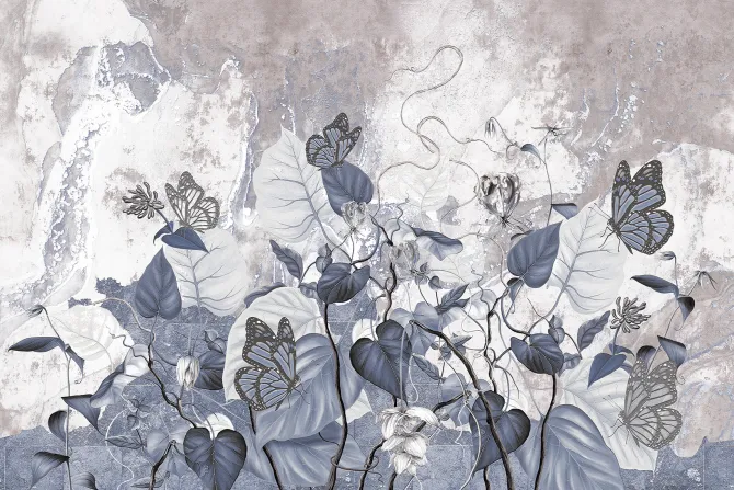 Fototapeta: Kwiaty liście i motyle na tle betonu wzór inspirowany naturą