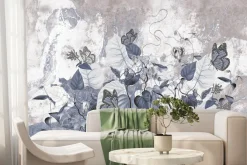 Fototapeta: Kwiaty liście i motyle na tle betonu wzór inspirowany naturą