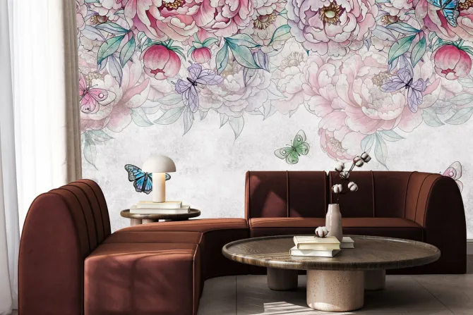 Fototapeta: Kwiaty piwonie z motylami i liśćmi w stylu akwareli na jasnoszarym