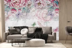 Fototapeta: Kwiaty piwonie z motylami i liśćmi w stylu akwareli na jasnoszarym