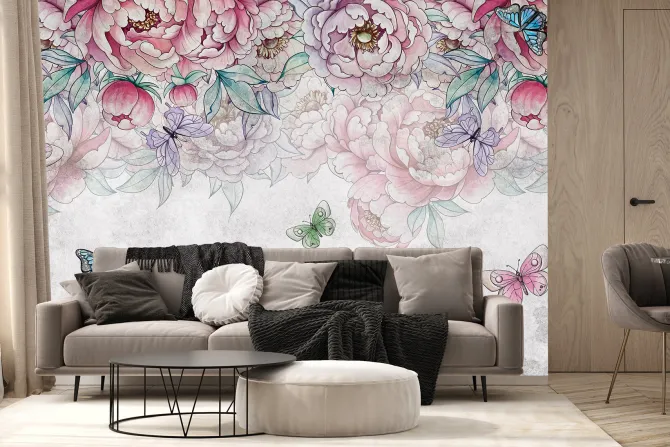 Fototapeta: Kwiaty piwonie z motylami i liśćmi w stylu akwareli na jasnoszarym