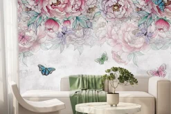 Fototapeta: Kwiaty piwonie z motylami i liśćmi w stylu akwareli na jasnoszarym