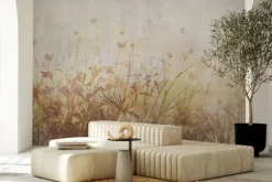 Fototapeta: Kwiaty polne i motyle na tle łąki retro ilustracja