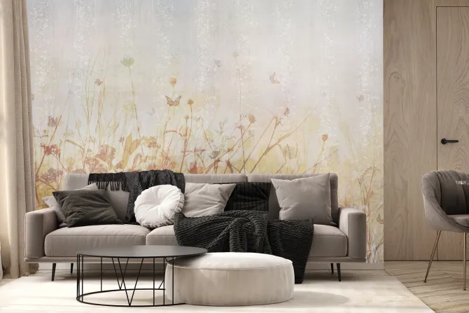 Fototapeta: Kwiaty polne i motyle na tle łąki retro ilustracja