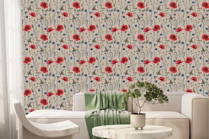 Fototapeta: Kwiaty polne maki chabry i niebieskie motyle naturalny botaniczny