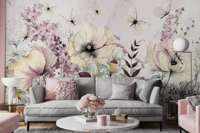 Fototapeta: Kwiaty w stylu akwareli na letniej łące z białymi motylami botaniczny