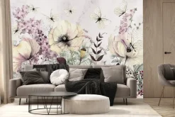 Fototapeta: Kwiaty w stylu akwareli na letniej łące z białymi motylami botaniczny