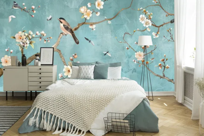 Fototapeta: Kwiaty wiśni i gałęzie na niebieskim tle