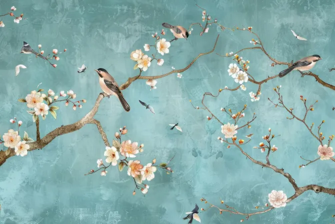 Fototapeta: Kwiaty wiśni i gałęzie na niebieskim tle