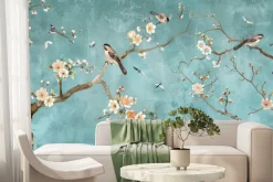 Fototapeta: Kwiaty wiśni i gałęzie na niebieskim tle