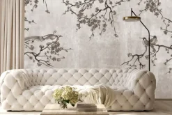 Fototapeta: Kwiaty wiśni z ptakami na betonie w szarości