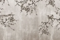 Fototapeta: Kwiaty wiśni z ptakami na betonie w szarości