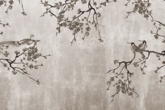 Fototapeta: Kwiaty wiśni z ptakami na betonie w szarości