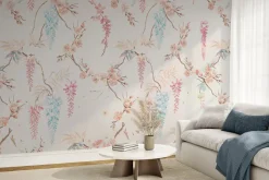 Fototapeta: Kwiaty wiśnie i liście na delikatnym tle