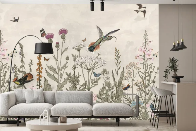 Fototapeta: Kwiecista łąka i ptaki krajobraz