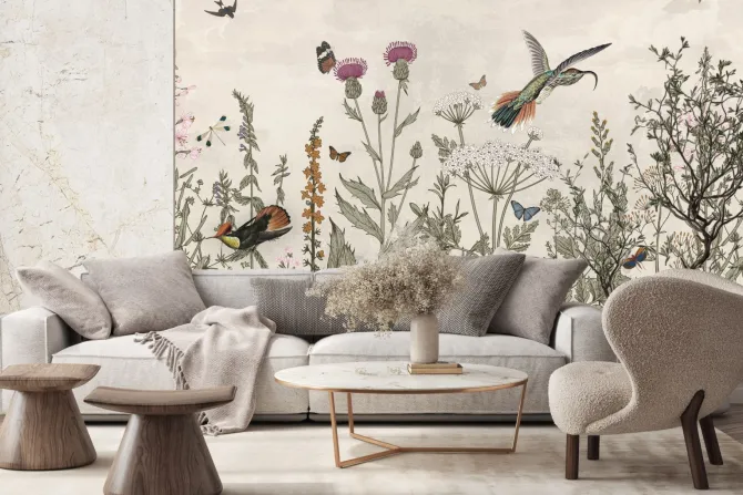 Fototapeta: Kwiecista łąka i ptaki krajobraz