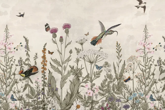 Fototapeta: Kwiecista łąka i ptaki krajobraz