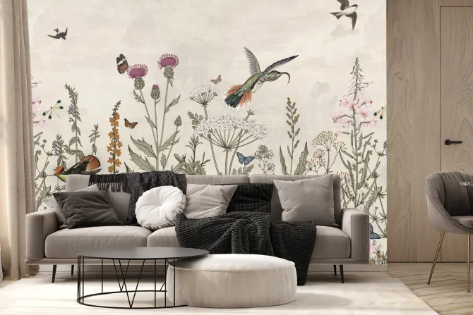 Fototapeta: Kwiecista łąka i ptaki krajobraz