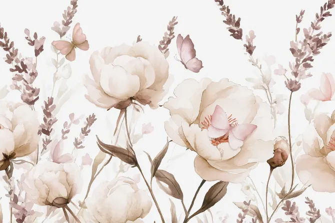 Fototapeta: Kwiecista łąka z motylami w stylu akwareli delikatny kwiatowy