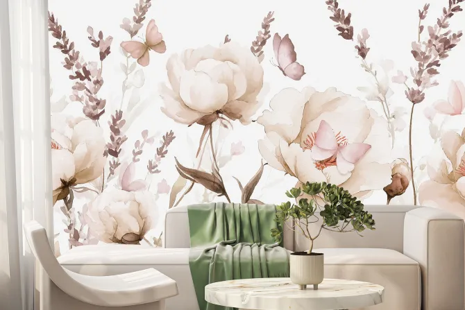 Fototapeta: Kwiecista łąka z motylami w stylu akwareli delikatny kwiatowy