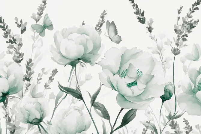 Fototapeta: Kwiecista łąka z motylami w stylu akwareli delikatny kwiatowy