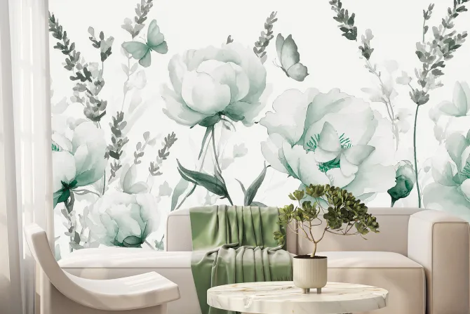 Fototapeta: Kwiecista łąka z motylami w stylu akwareli delikatny kwiatowy