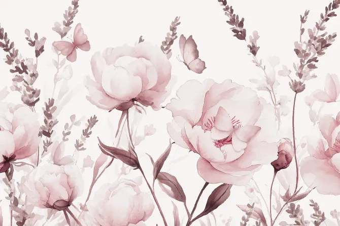 Fototapeta: Kwiecista łąka z motylami w stylu akwareli delikatny kwiatowy