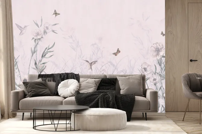 Fototapeta: Kwiecista łąka z kolibrami i motylami akwarelowy wzór