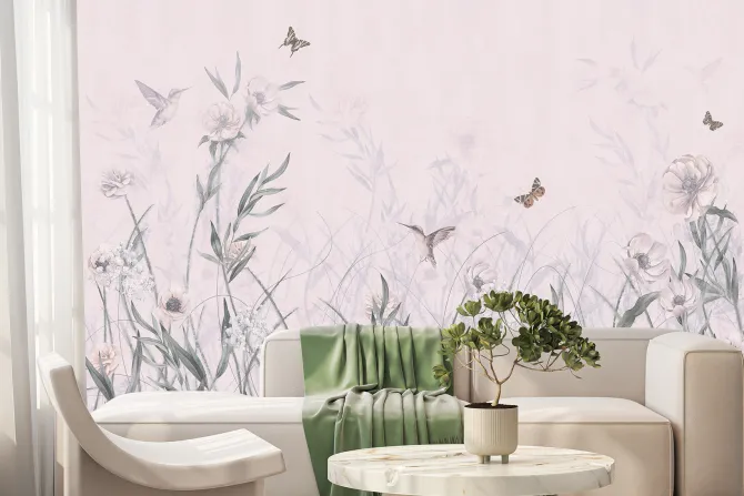 Fototapeta: Kwiecista łąka z kolibrami i motylami akwarelowy wzór