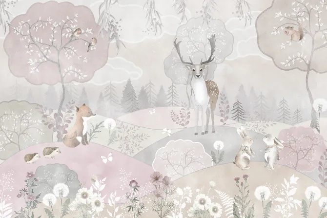 Fototapeta: Kwieciste wzgórza z jeleniem i drzewami