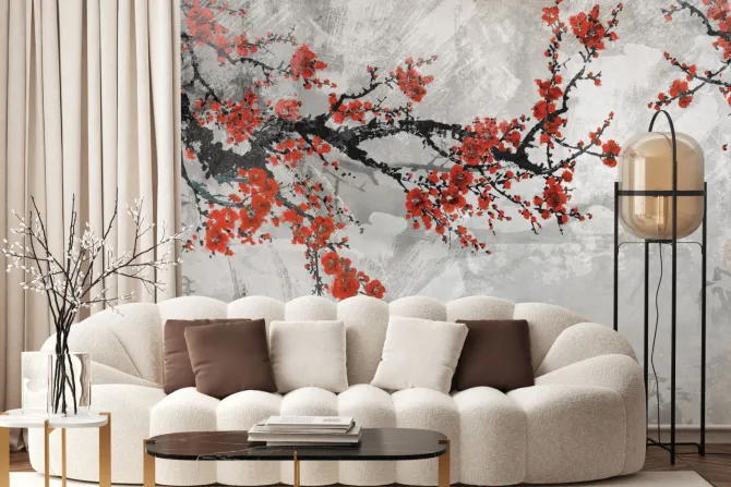 Fototapeta: Kwitnąca wiśnia krajobraz w stylu chinoiserie