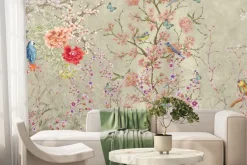 Fototapeta: Kwitnące drzewa kolorowe kwiaty i papugi na gałęziach