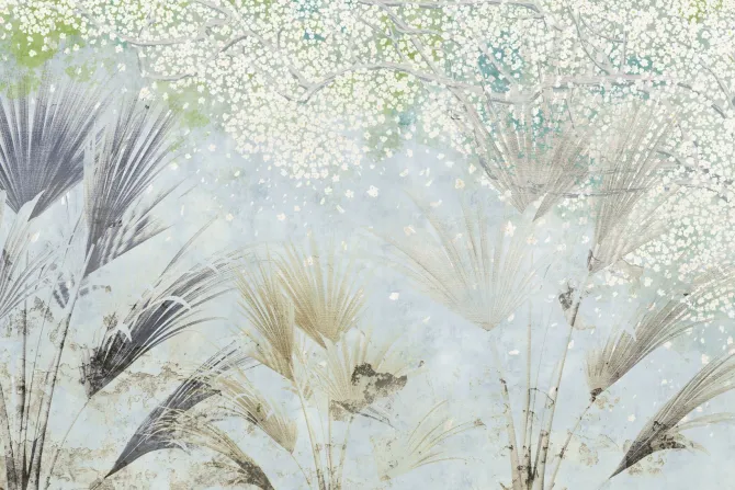 Fototapeta: Kwitnące drzewo i liście palmowe