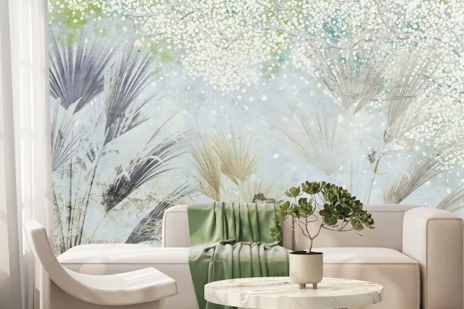 Fototapeta: Kwitnące drzewo i liście palmowe