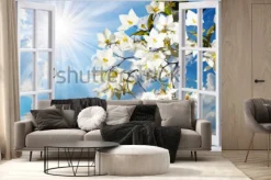 Fototapeta: Kwitnące gałązki za oknem