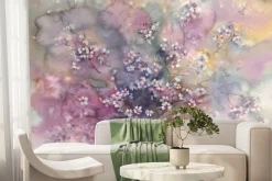 Fototapeta: Kwitnące kwiaty wiśni na akwarelowym tle