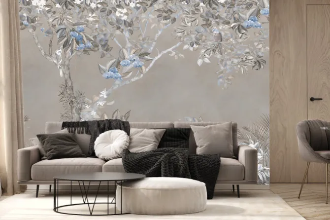 Fototapeta: Kwitnące na niebiesko drzewa z papugami