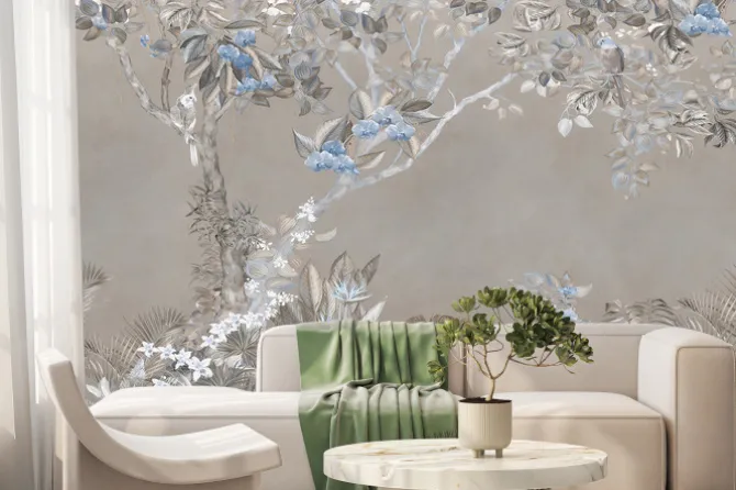 Fototapeta: Kwitnące na niebiesko drzewa z papugami