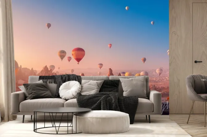 Fototapeta: Landscape sunrise in cappadocia with set colorful hot air balloon