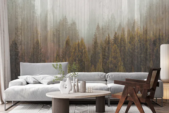 Fototapeta: Las iglasty na drewnianych deskach