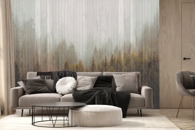 Fototapeta: Las iglasty na drewnianych deskach