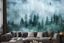 Fototapeta: Las iglasty we mgle w chłodnych odcieniach
